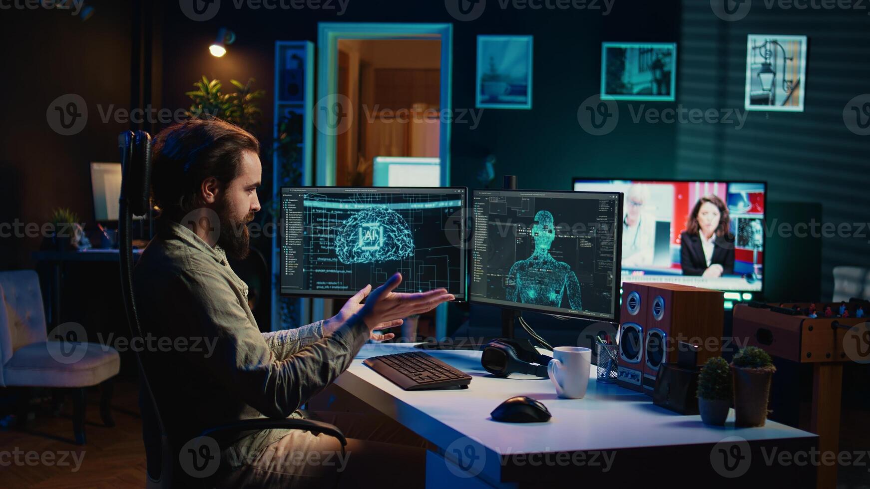 Self aware AI gaining anthropomorphic form inside cyberspace, waving hand, saluting programmer. Artificial intelligence becoming sentient, greeting computer scientist, camera B photo
