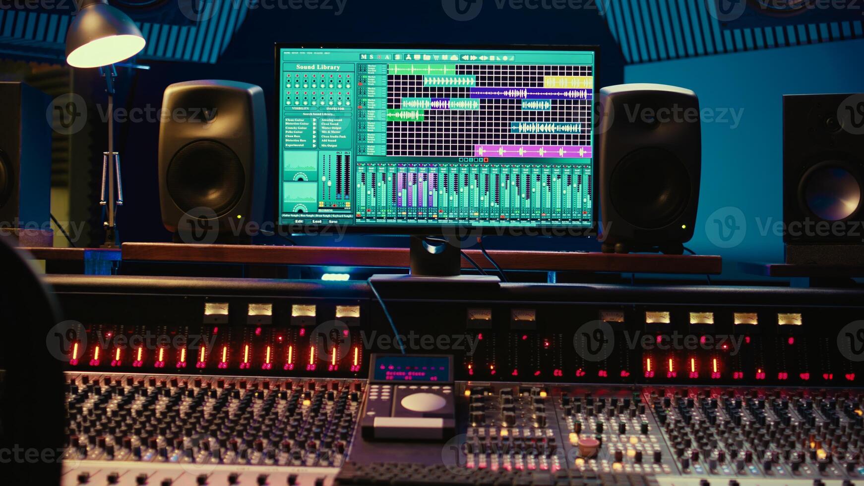 Empty soundproof control room in professional recording studio, stereo equipment with sliders and faders on panel board. Professional post production space with audio recording software. photo