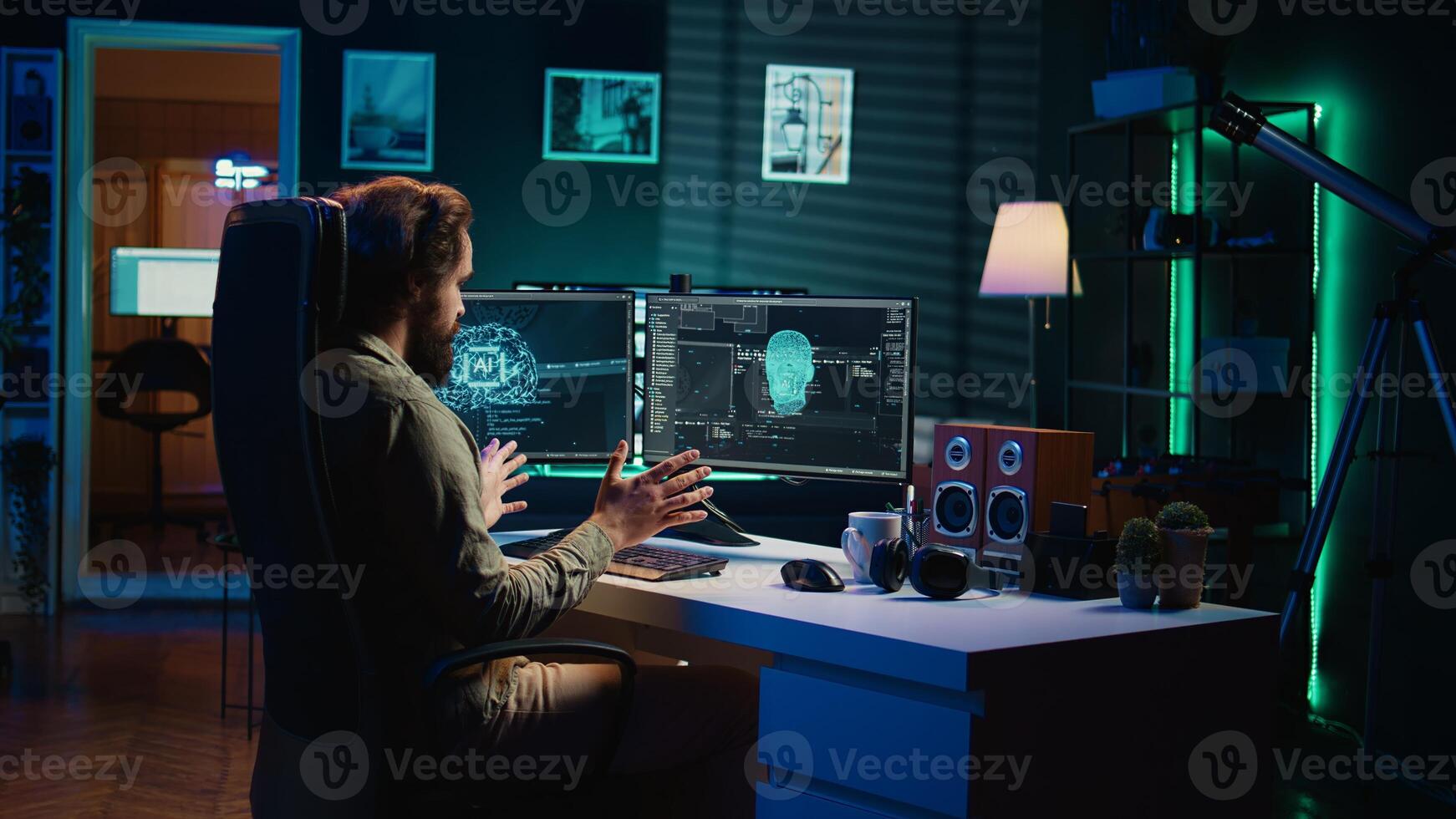 Man programing sentient artificial intelligence with ethical safeguards against turning evil towards humanity, creation myth concept. Developer building conscious AI superintelligence, camera B photo