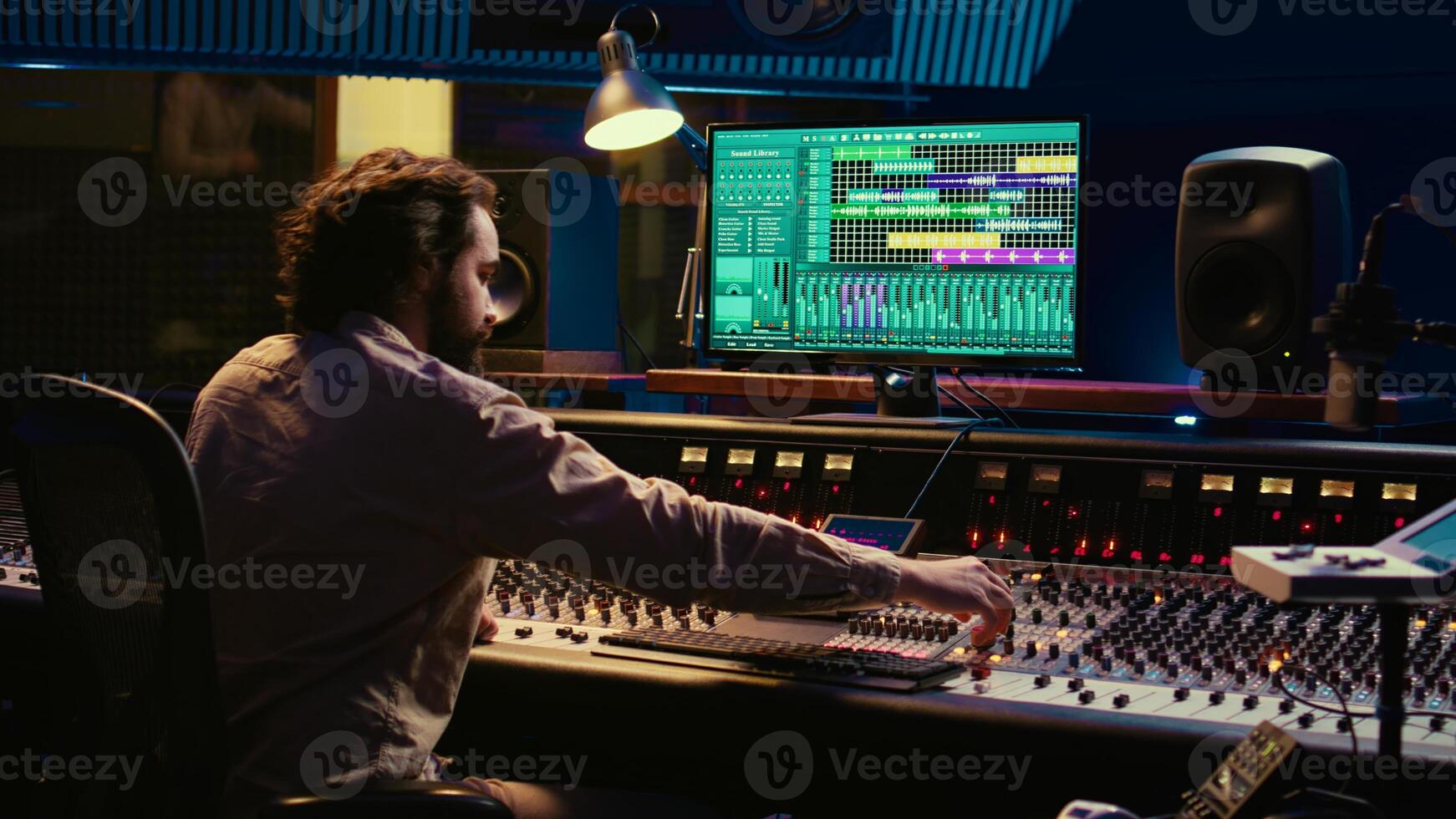 Music producer editing sounds with mixing console and switchers to remove tonal imbalances or white noise, control room. Technician twists knobs, adjusting volume levels on recording. Camera B. photo