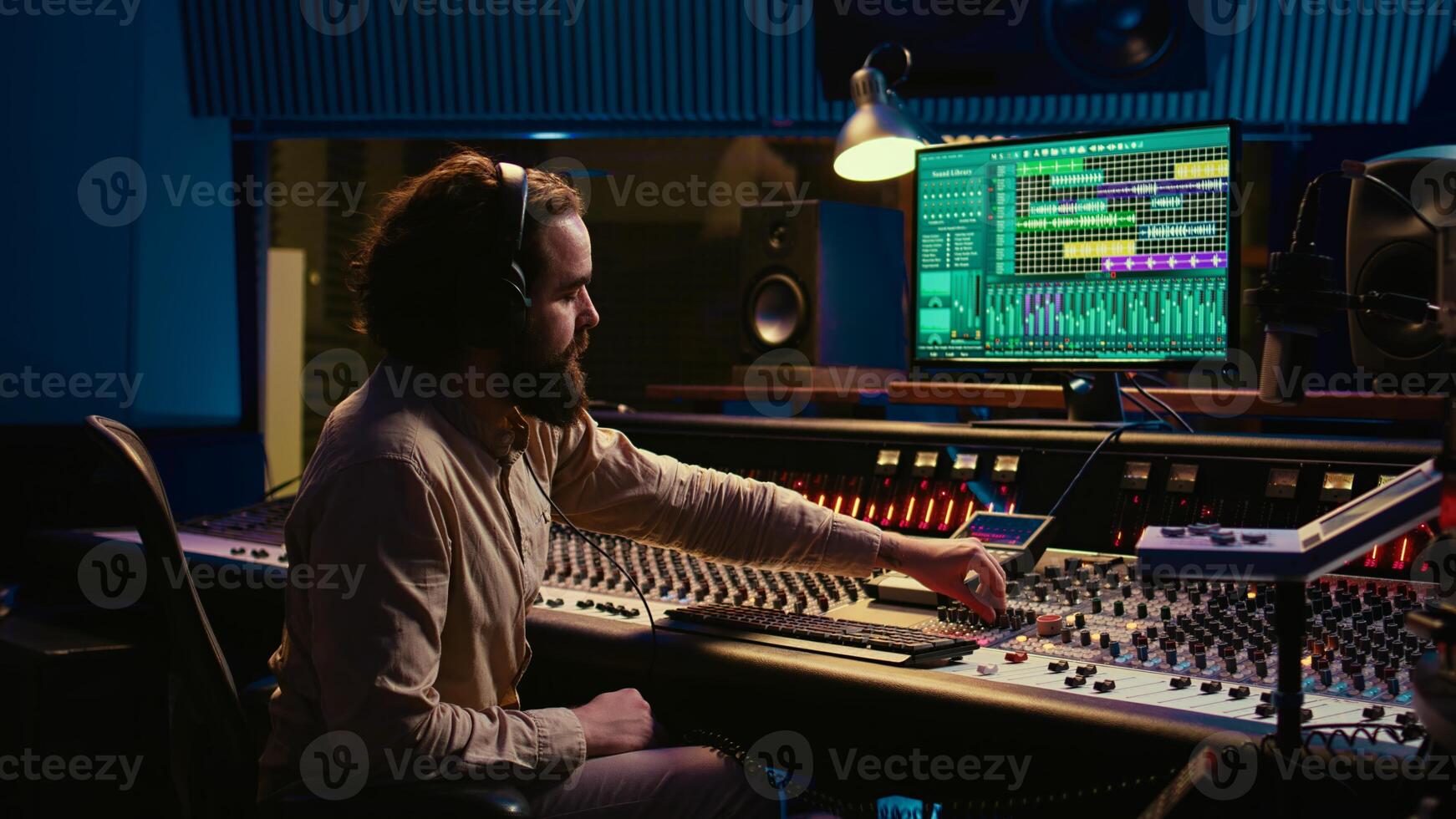 Mixing engineer pressing sliders on control desk to balance tracks and add sound effects, creating new music. Audio engineering expert works with motorized faders in professional studio. Camera B. photo