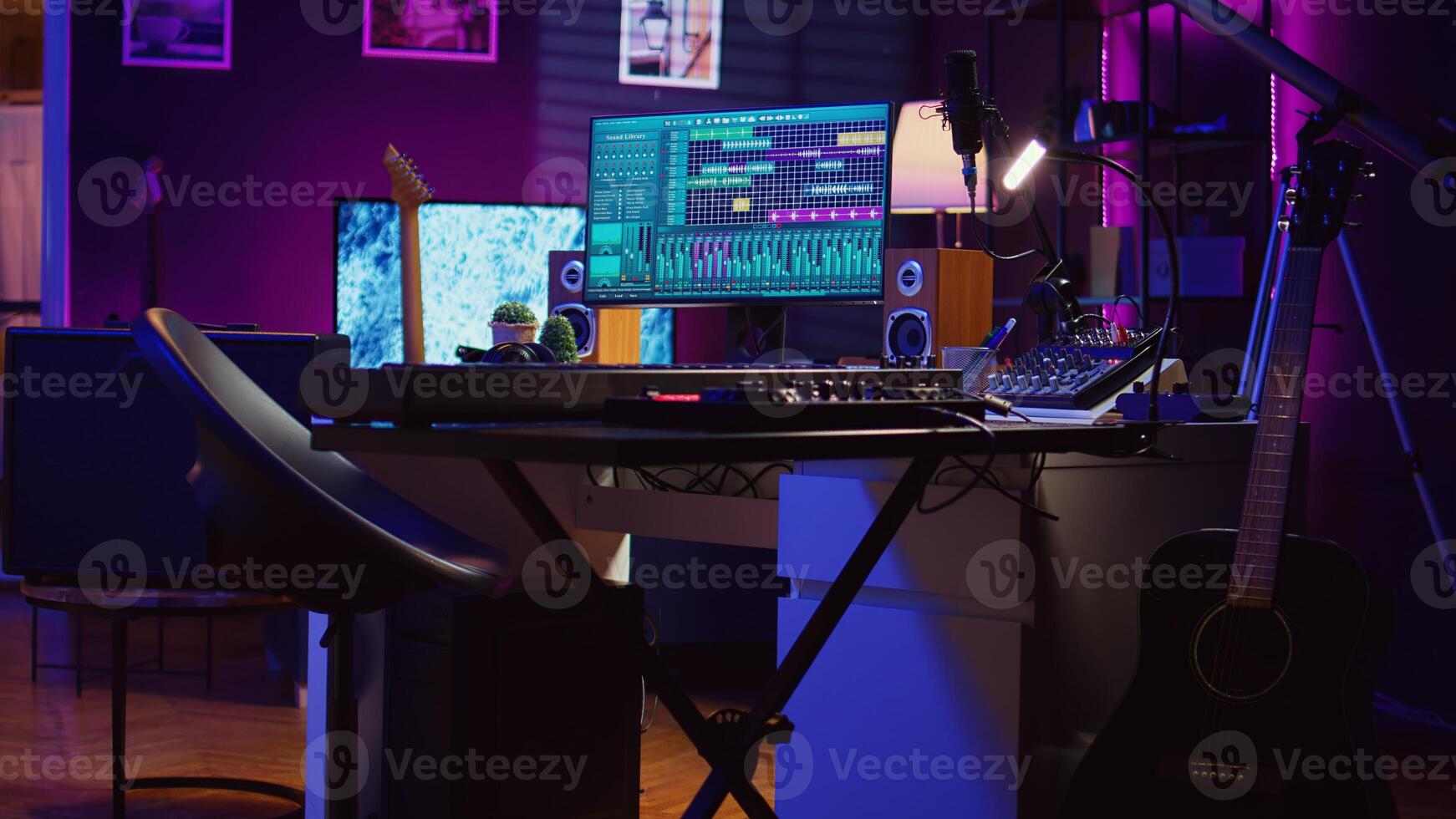 Empty home studio equipped with mixing console and soundboard, piano and other musical instruments to help with track recording. Mastering and mixing tunes on pc software, panel controls. Camera B. photo