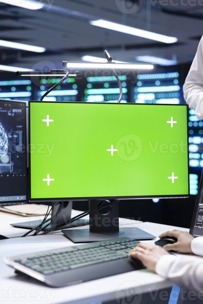 Close up of computer scientist monitoring server hub using AI software ...