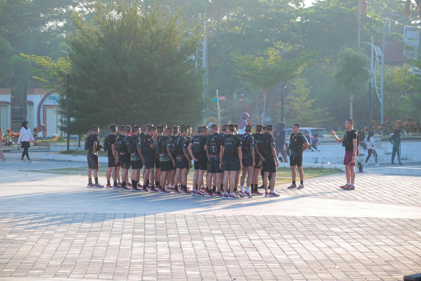 Lombok, March 2 2024, Indonesia - a group of young Indonesian soldiers are training in Loang Balok park in the morning photo