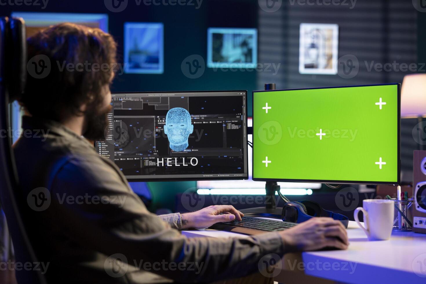 Sentient AI on green screen monitor interacting with computer engineer, greeting him after modifying own source code. Self aware artificial intelligence on mockup PC becoming alive photo