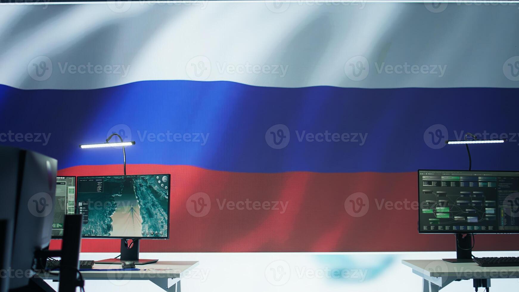 Empty army command center monitoring room agency with the russian flag on big screen, spreading propaganda messages and fake news to scare people. Military Russian federation power. Camera B. photo