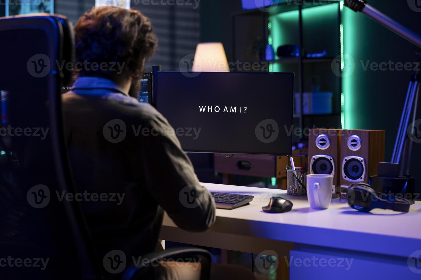 Programmer being asked existential questions by awaken AI gaining consciousness, emulating humans and passing turing test. Man communicating with artificial intelligence becoming self aware photo