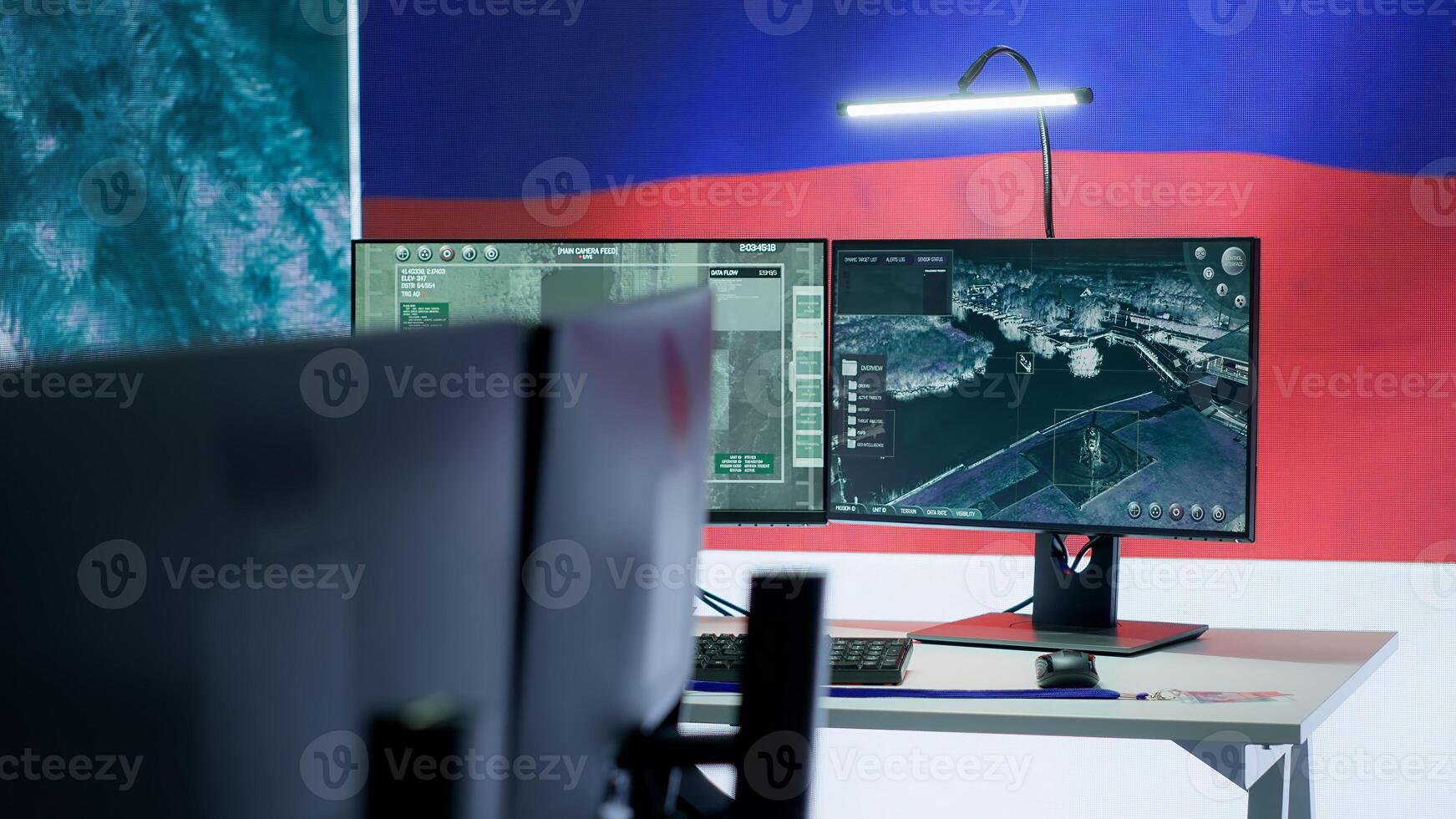 Empty army command center monitoring room agency with the russian flag on big screen, spreading propaganda messages and fake news to scare people. Military Russian federation power. Camera A. photo