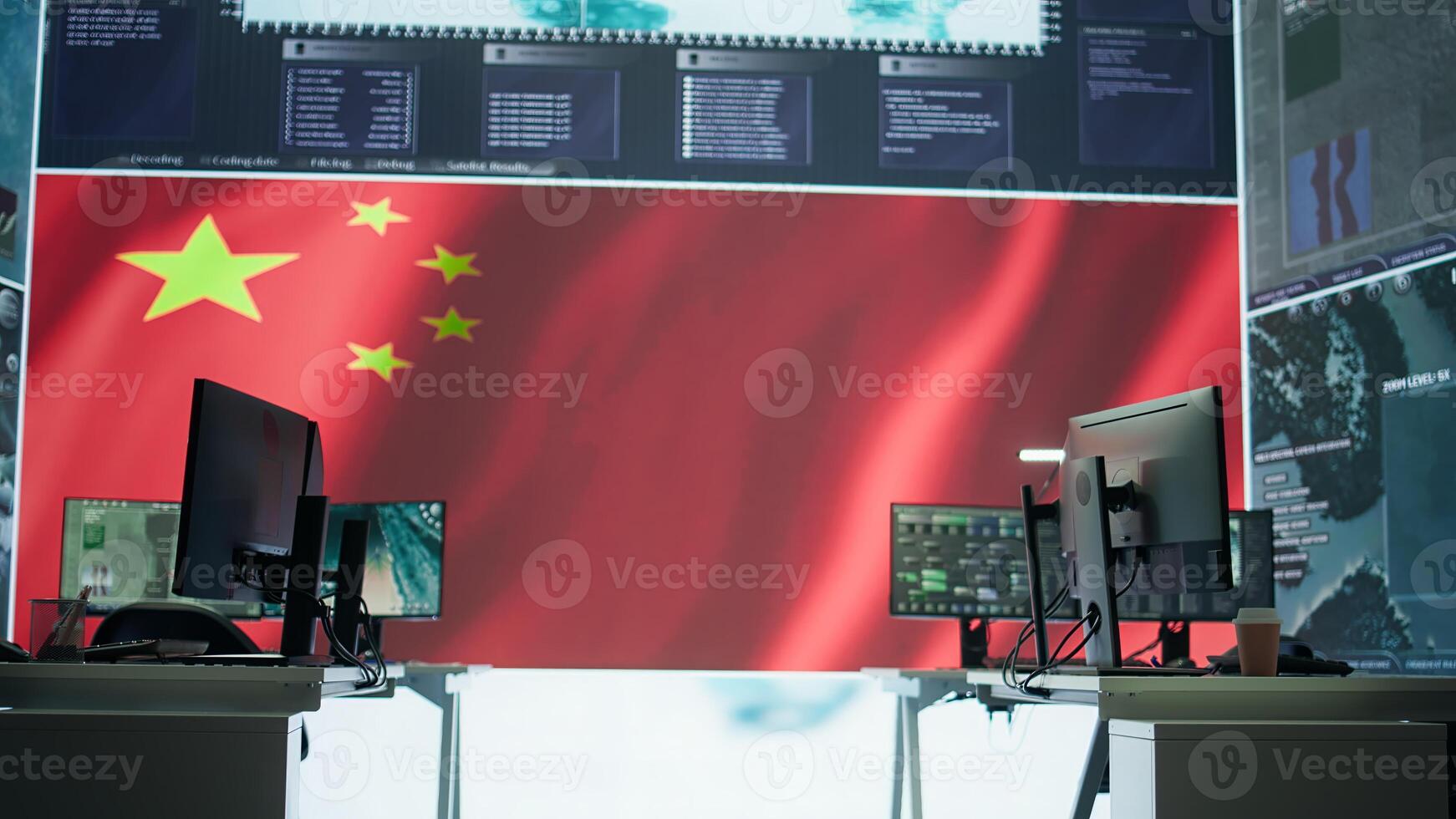 Empty chinese military base of operations working on spreading fake news and war propaganda for communism ideology. Army command post employing big data and high tech gear. Camera B. photo