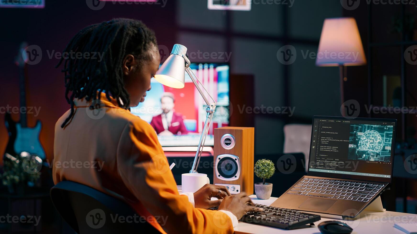 University pupil working with artificial intelligence system for machine learning, writing code in programming language. Girl uses deep learning algorithms and processing information. Camera A. photo