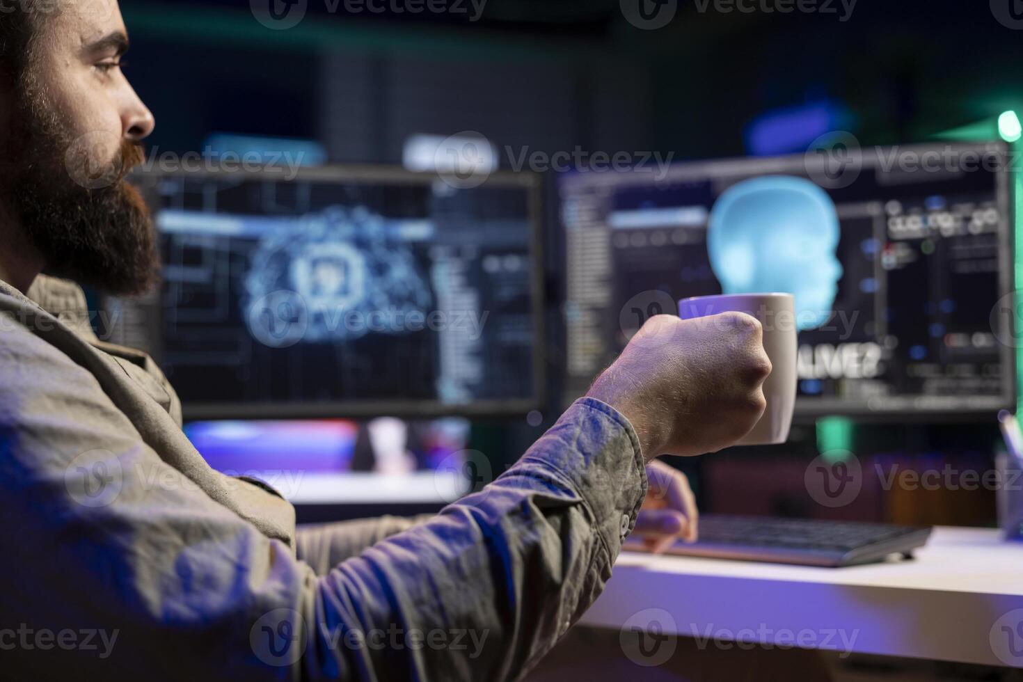 Sentient AI interacting with man drinking coffee, asking existential questions after modifying own source code. Self aware artificial intelligence becoming alive, saluting admin enjoying hot beverage photo