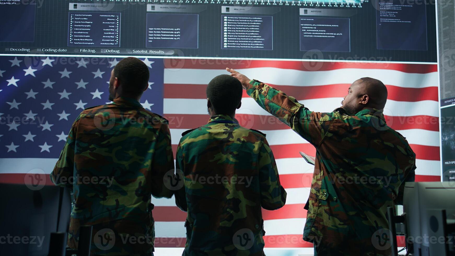 US soldiers in a high tech command center protecting classified information, ensuring cybersecurity and defending against cyber attacks. Army base of operations with trained officers. Camera A. photo
