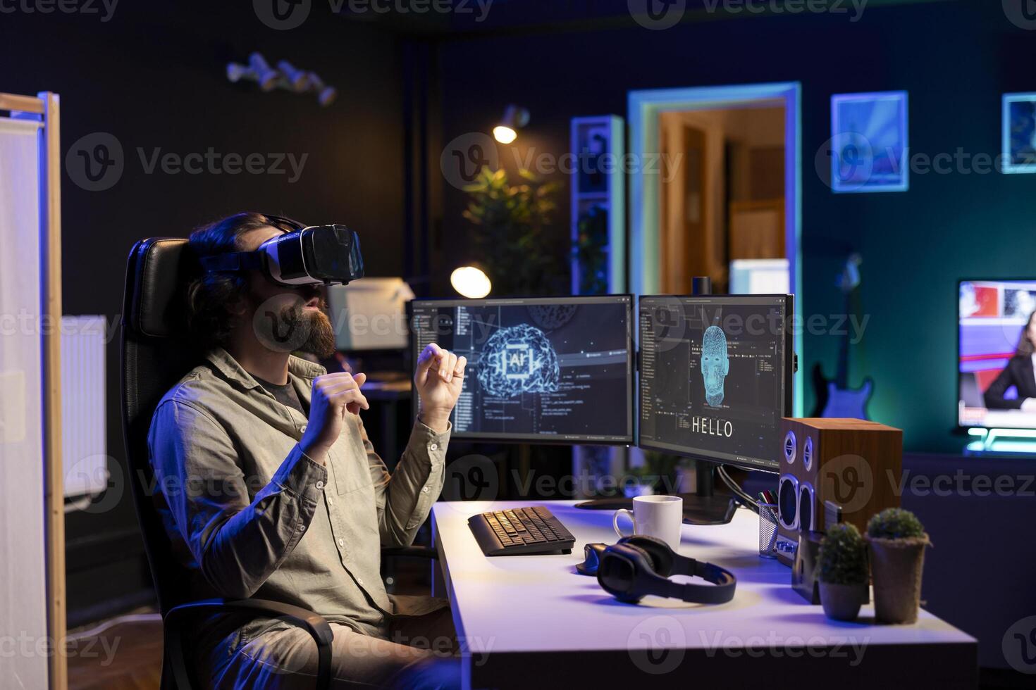 IT expert using virtual reality to make artificial intelligence become sentient, receiving hello greeting from it. Computer scientist with VR glasses on working to achieve AI superintelligence photo