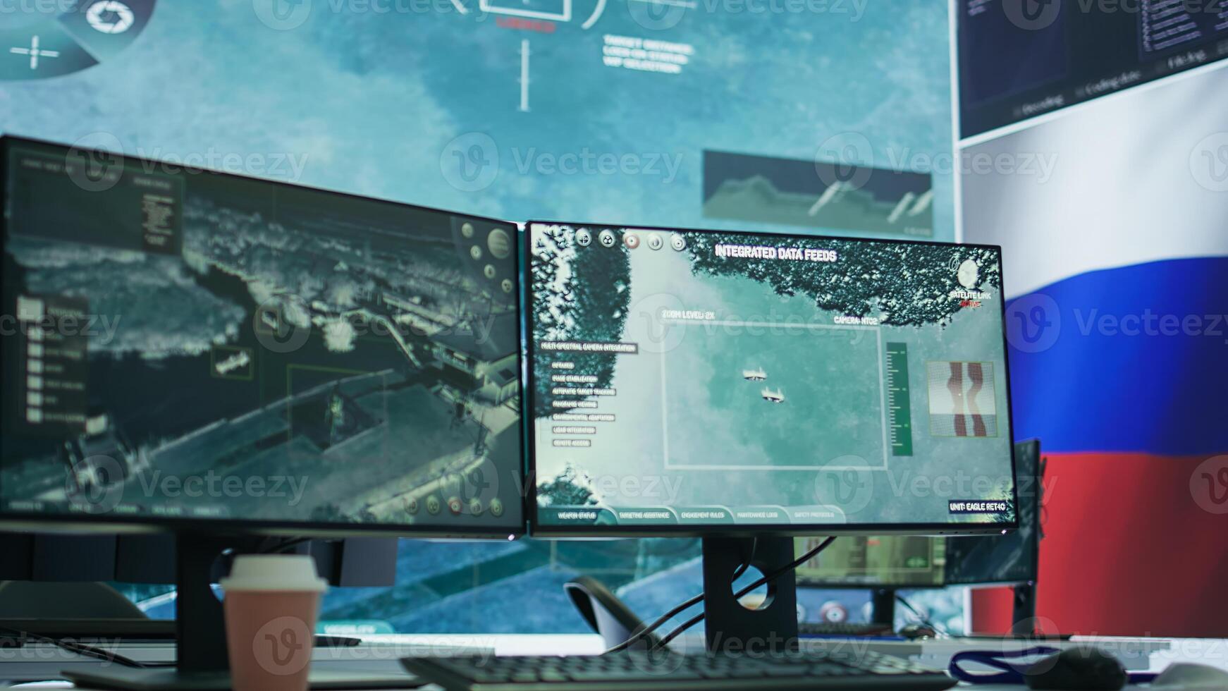 Empty russian federation military command post managing cyber warfare propaganda, scaring the population into submission. Army headquarters base of operations with russian flag. Camera B. photo