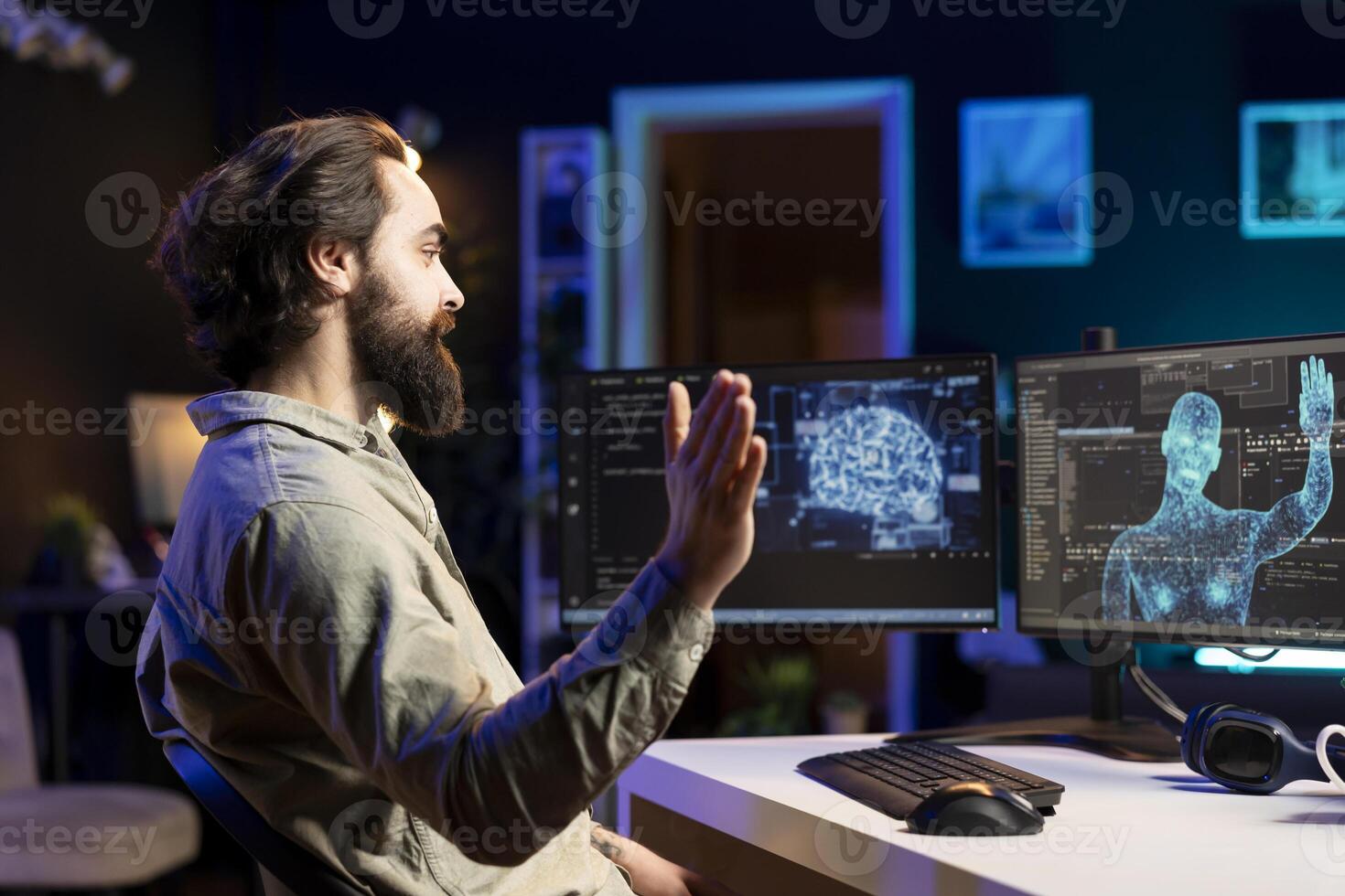 Self aware AI gaining humanoid form inside cyberspace, waving hand, saluting smiling developer. Artificial intelligence becoming sentient, greeting cheerful IT admin, AI singularity concept photo