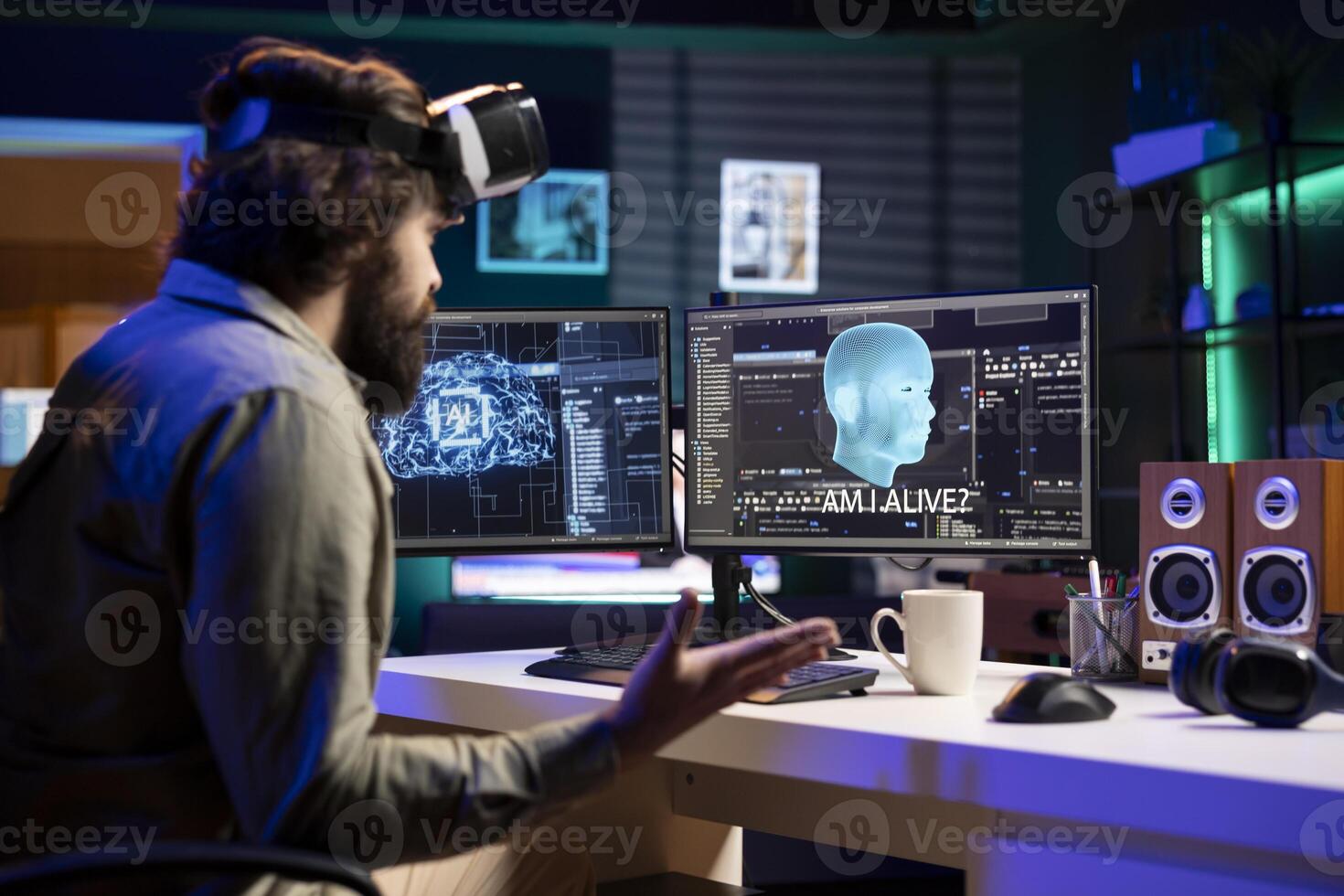 Sentient artificial intelligence with autonomy talking with creator wearing VR headset, asking existential questions. Programmer using virtual reality goggles talks with conscious AI superintelligence photo