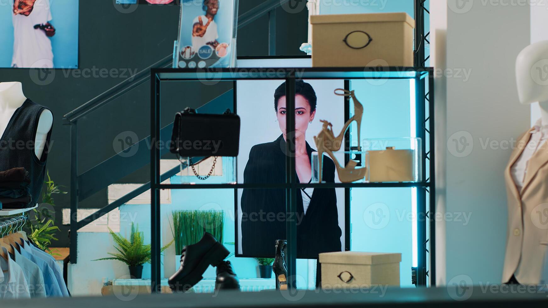 Empty trendy clothing store selling fashionable items and shoes, filled with new casual or formal merchandise. Shopping center boutique having fashion collection on racks, bags on display. Camera A. photo