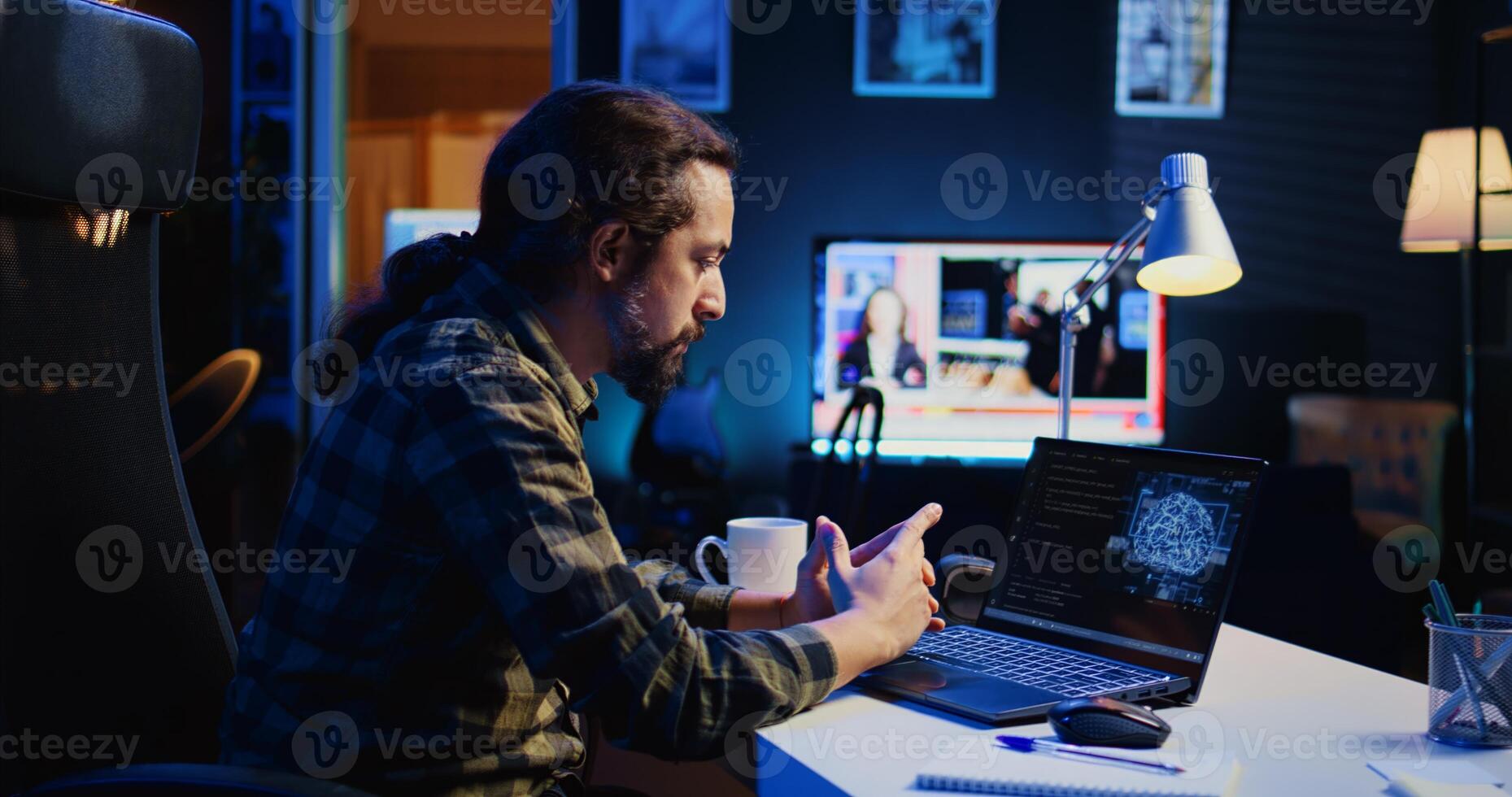 Man in home office typing on keyboard, updating artificial intelligence neural networks, writing complex binary code scripts. Freelancer in personal office upgrading high tech AI, camera B photo