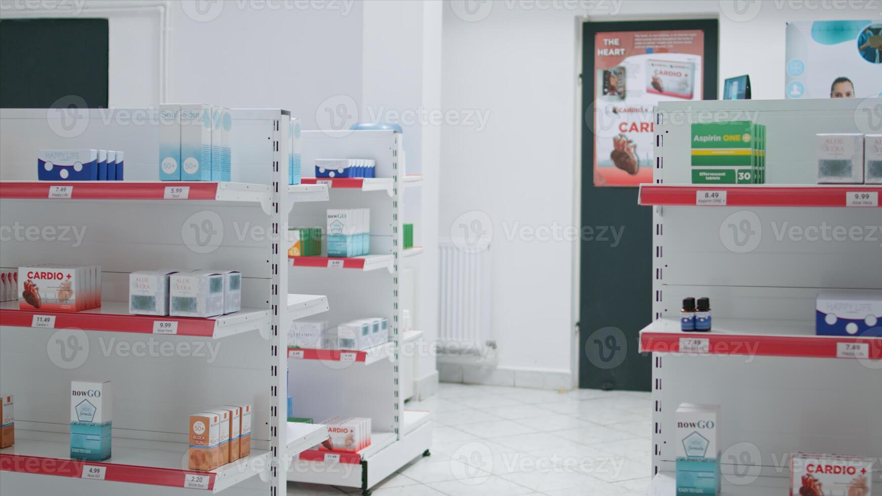 Empty healthcare facility with bottles and boxes of pills, retail shop shelves filled with pharmaceutical supplies. Drugstore with medical supplements and drugs on prescription, therapy treatment. photo