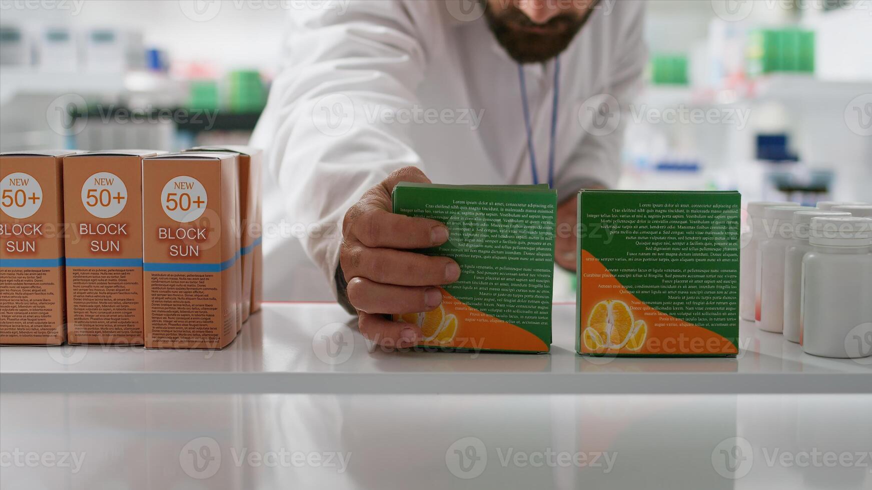 POV of pharmacist putting natural vitamins boxes on shelves, arranging healthcare products for customers. Medical specialist placing dietary supplements on display at drugstore. Tripod shot. photo