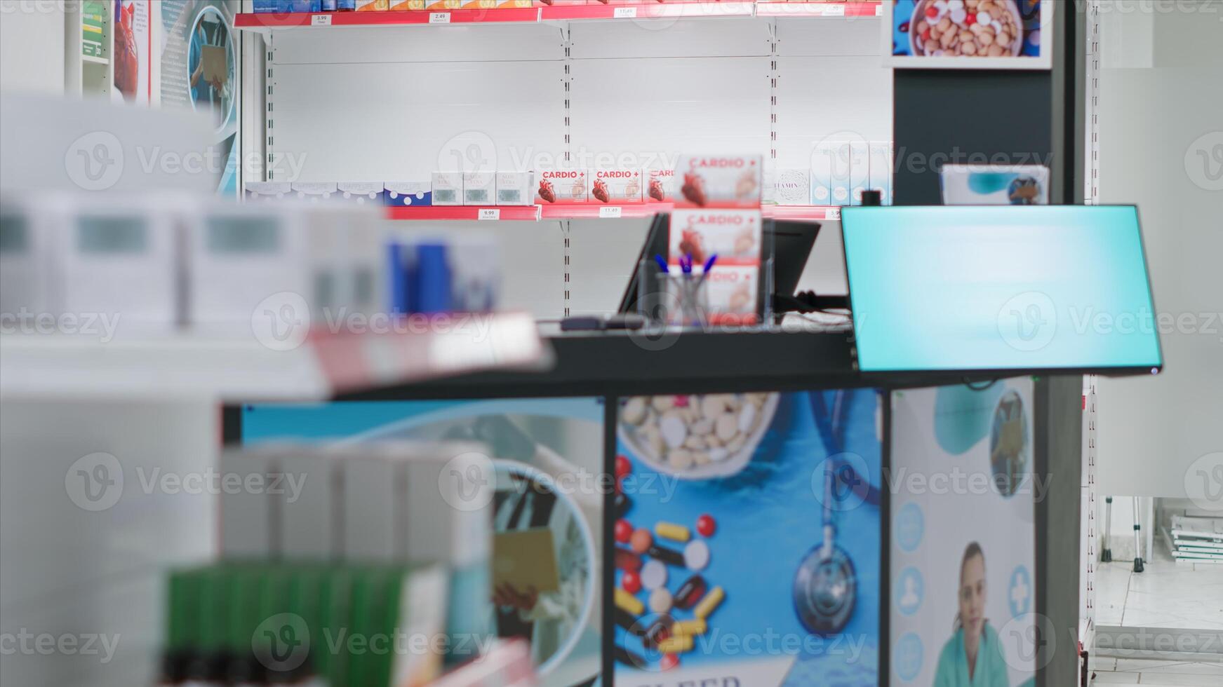Empty retail store having medicaments and vitamins for sale, preparing marketplace with nutrients and antibiotics for clients. Pharmaceutical shop filled with prescription drugs or painkillers. photo