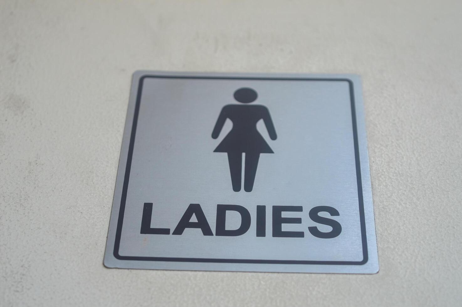 A minimalist silver metallic sign indicating the women's restroom with a female figure icon. photo