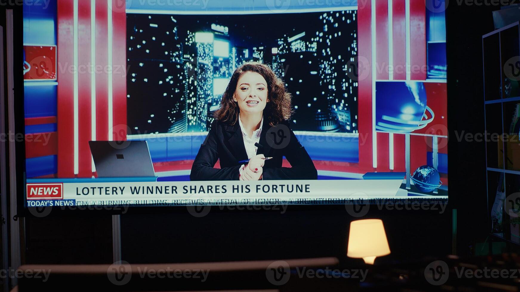 Close up shot of breaking news presented by anchorwoman, displayed on modern ultrawide TV in empty dark living room. Newscast on VOD channel about artificial intelligence reportage photo