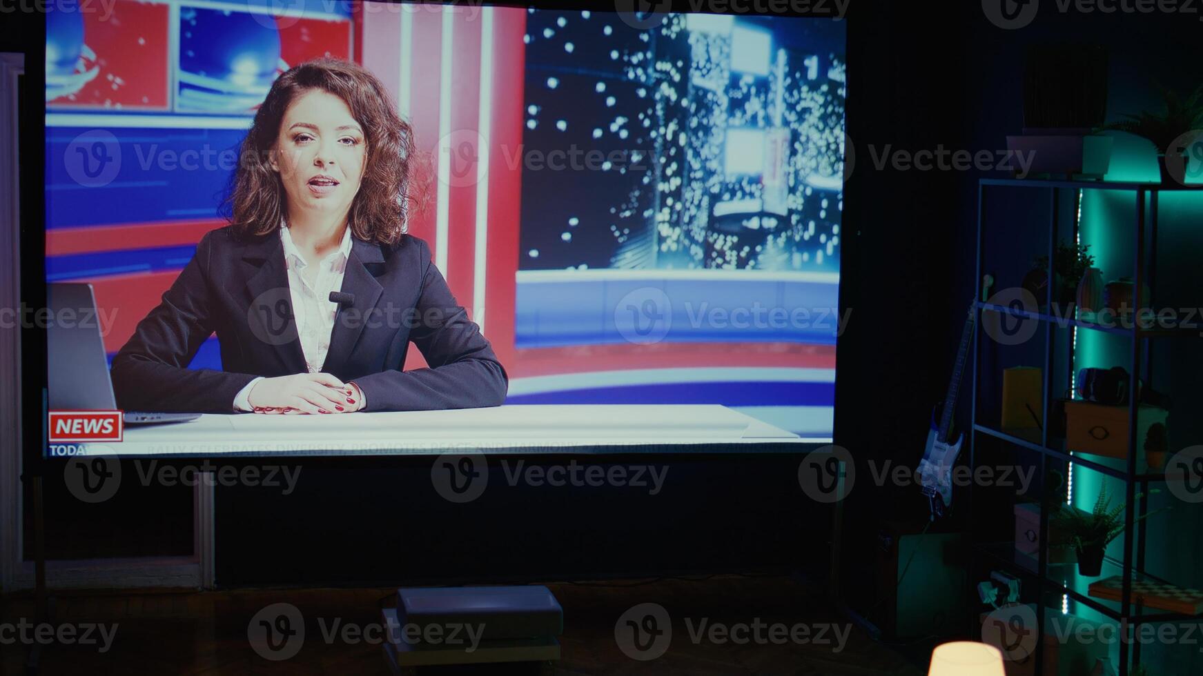 Anchorwoman on large TV screen showing reportages about summer vacations and artificial intelligence on streaming service channel. Widescreen television set left turned on, dolly out shot photo