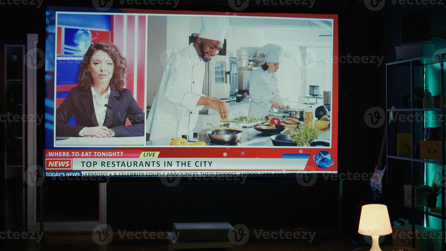 on demand cooking channel left open on widescreen television set in neon lit living room. Cord cutting streaming service food program broadcasted on smart TV in home theatre, jib up shot photo