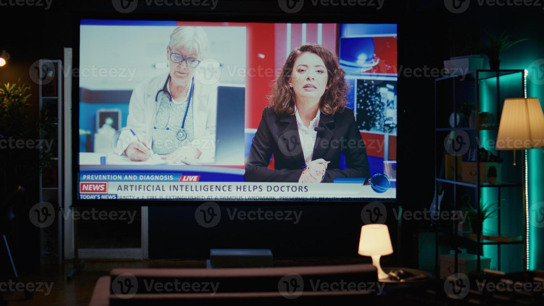 Smart TV in empty living room displaying breaking news coverage with anchorwoman talking about medical AI uses, zoom in shot. Big television display showing streaming channel for cord cutters photo