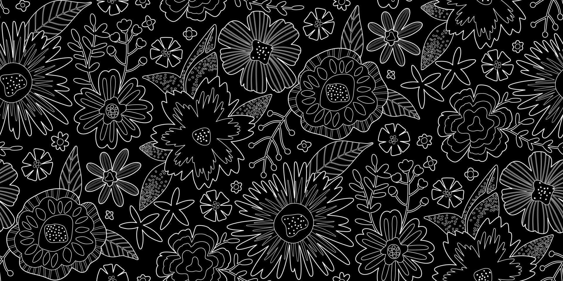 Floral Seamless Pattern of Flowers and Leaves in Line Art style, White Outline on Black Background. Wallpaper Design for Textiles, Papers, Prints, Beauty Products. vector