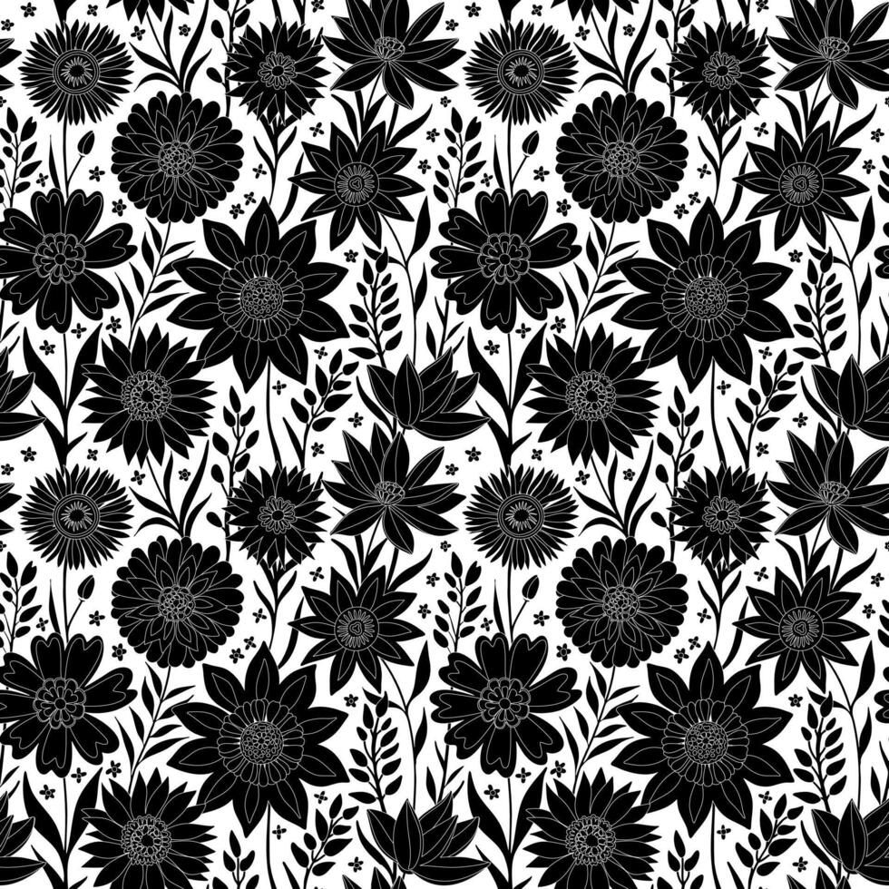 Half drop Floral Seamless Pattern of Fantasy Flower Field Drawing - White thin Line on a Black silhouette on White Backdrop. Wallpaper Design for Textiles, Papers, Prints, Fashion, Wrappings. vector