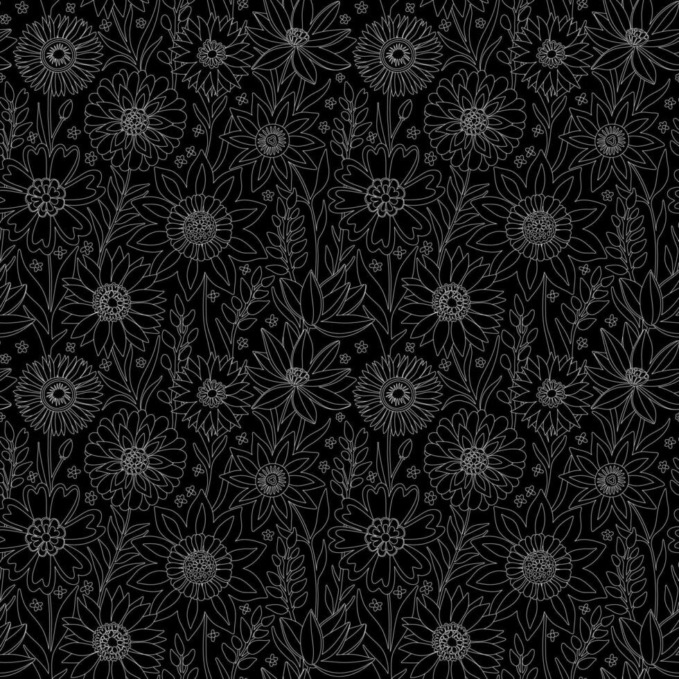 Floral Seamless Pattern of Fantasy Flowers in Line Art style, White Contour on Black Background. Wallpaper Design for Textiles, Fabrics, Papers, Prints, Beauty Products, Wrappings, Package Design. vector