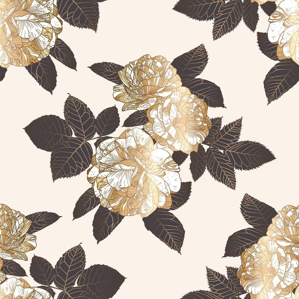 Seamless Luxury Half Drop Pattern with White and Gold Roses and Grey Leaves on White. Great for Textiles, Surfaces, Wallpapers, Wrapping Papers, Fabrics, Prints. vector
