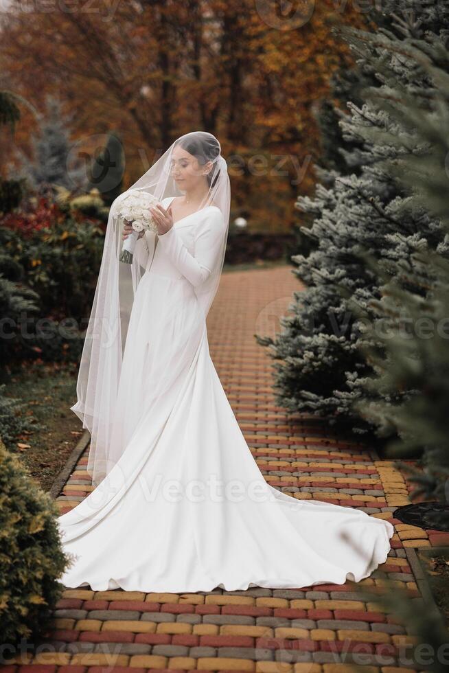 A bride is standing in front of a tree with a veil over her face. She is holding a bouquet of flowers photo
