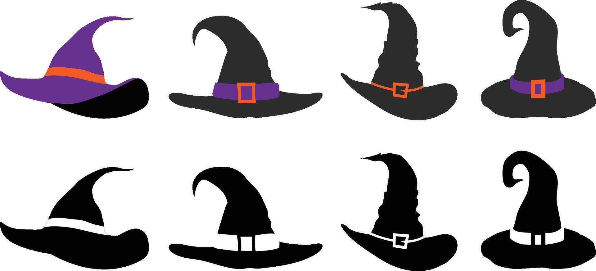 Halloween Wizard spooky hats set. Halloween witch hats, Halloween party costume elements flat illustrations set vector