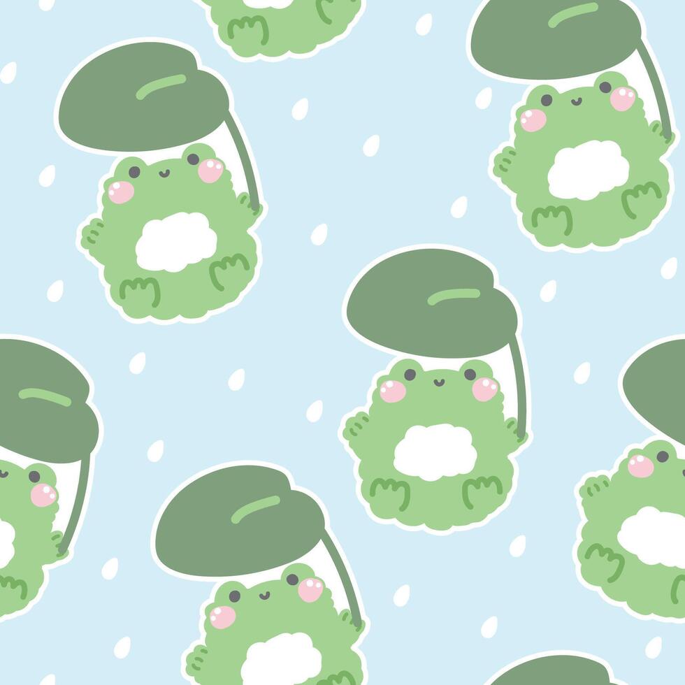 Seamless pattern of cute frog hold leaf in the rain background.Reptile animal character cartoon design.Image for card,poster,baby clothing.Kawaii.Illustration. vector