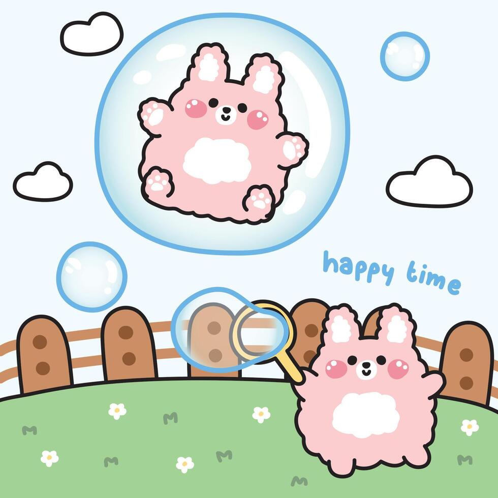 Cute rabbit play soap bubble on the garden.Rabbit stay in bubble on sky background.Rodent animal character cartoon design.Kawaii.Illustration. vector