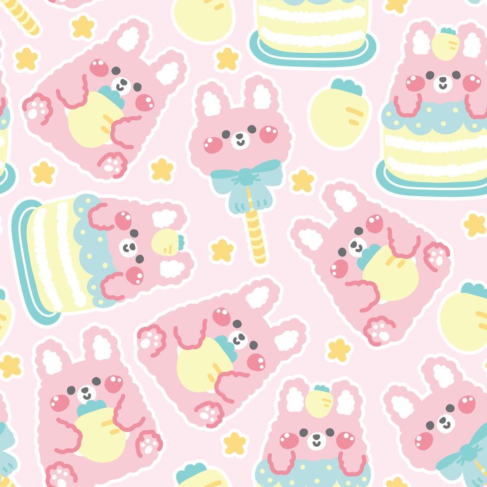 Seamless pattern of cute rabbit doll pastel in various poses with star background.Carrot.Rabbit head candy.Rabbit on cake.Animal character cartoon design.Kawaii.Illustration. vector