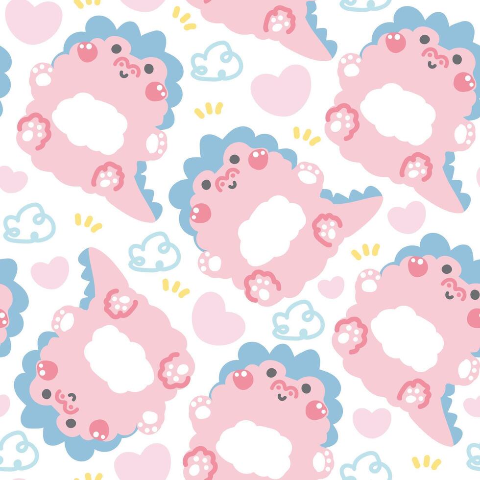 Seamless pattern of cute dinosaur doll sit with heart and cloud background.Wild jurassic animal character cartoon design.Image for card,poster,baby clothing.Kawaii.Illustration. vector