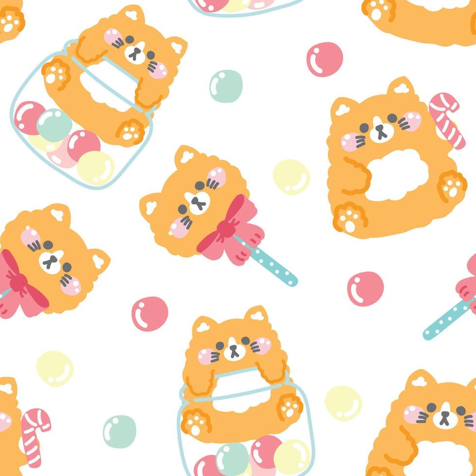 Seamless pattern of cute cat doll pastel in various poses with candy ball background.Cat head candy.Meow lover.Animal character cartoon design.Kawaii.Illustration. vector