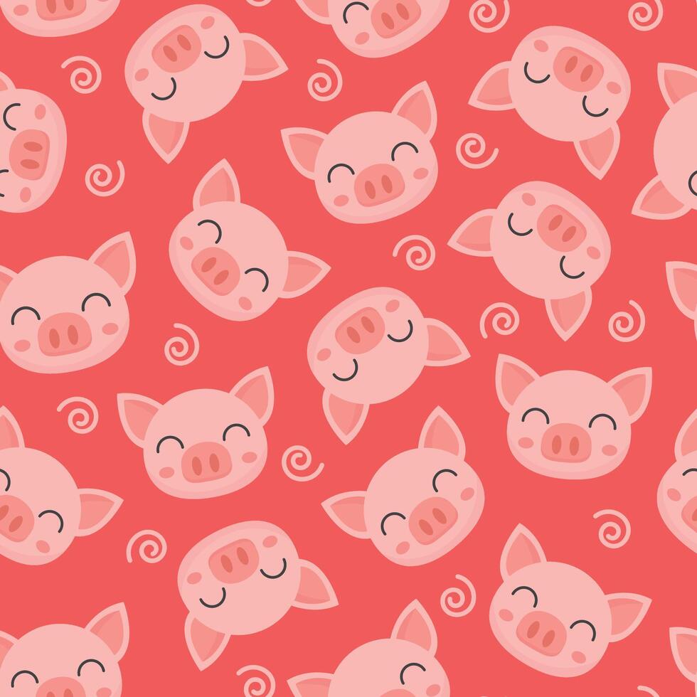 cartoon cute smiling pig seamless pattern with red background vector