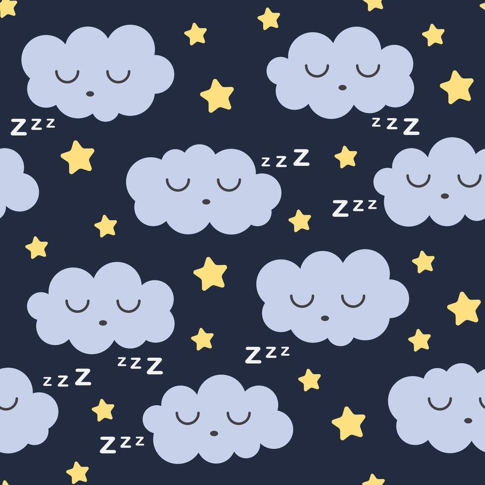sleeping seamless pattern, clouds are sleeping against the background of the night sky with sparkling stars vector
