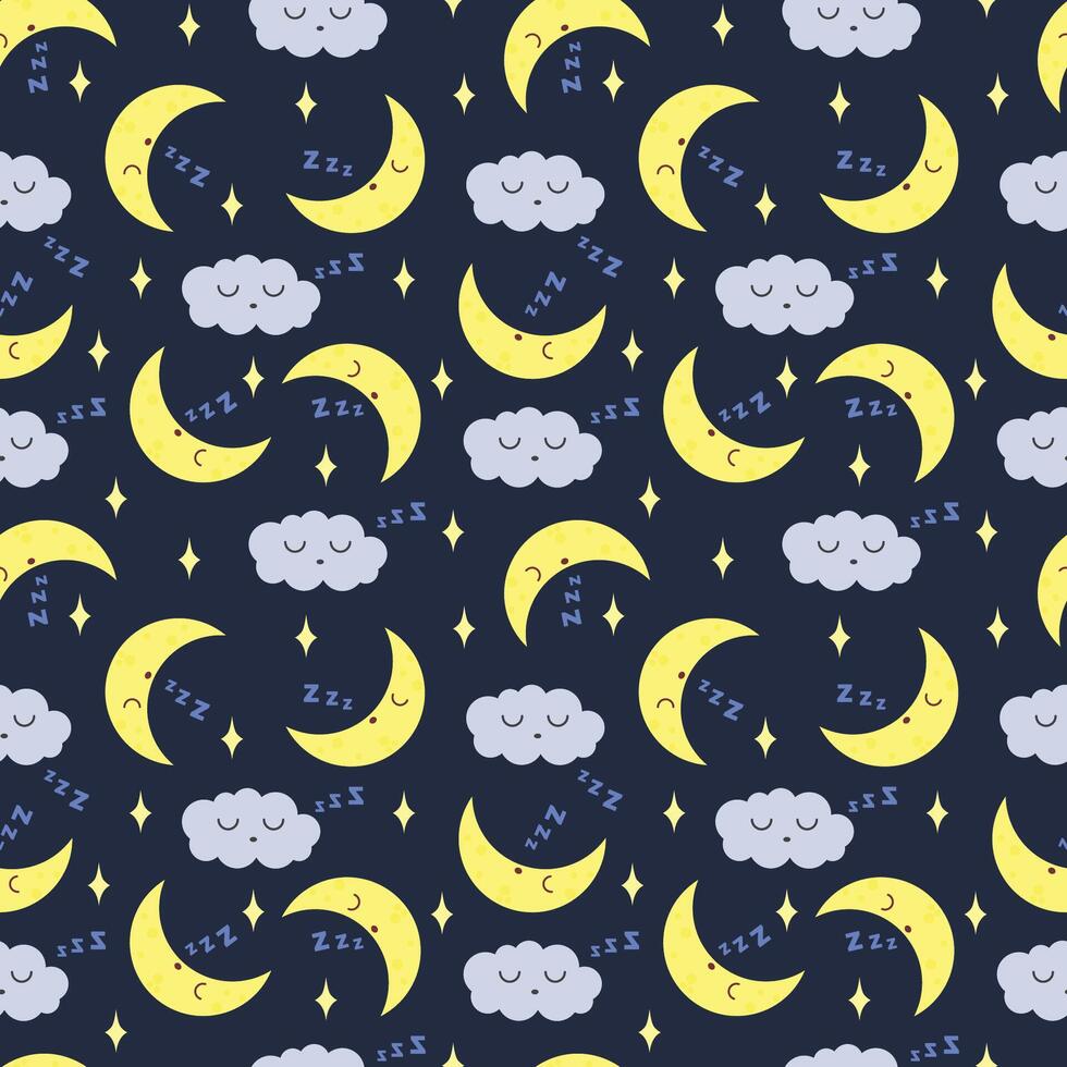sleeping seamless pattern, the moon and clouds are sleeping against the background of the night sky with sparkling stars vector