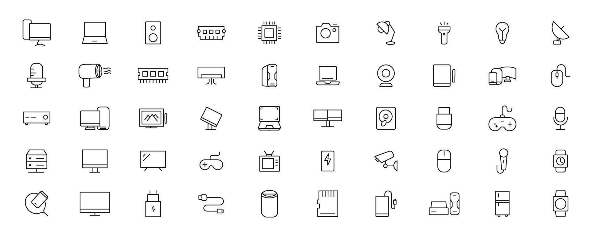 Device and technology line icon set. Electronic devices and gadgets, computer, equipment and electronics. Computer monitor, smartphone, tablet and laptop simple icon collections vector