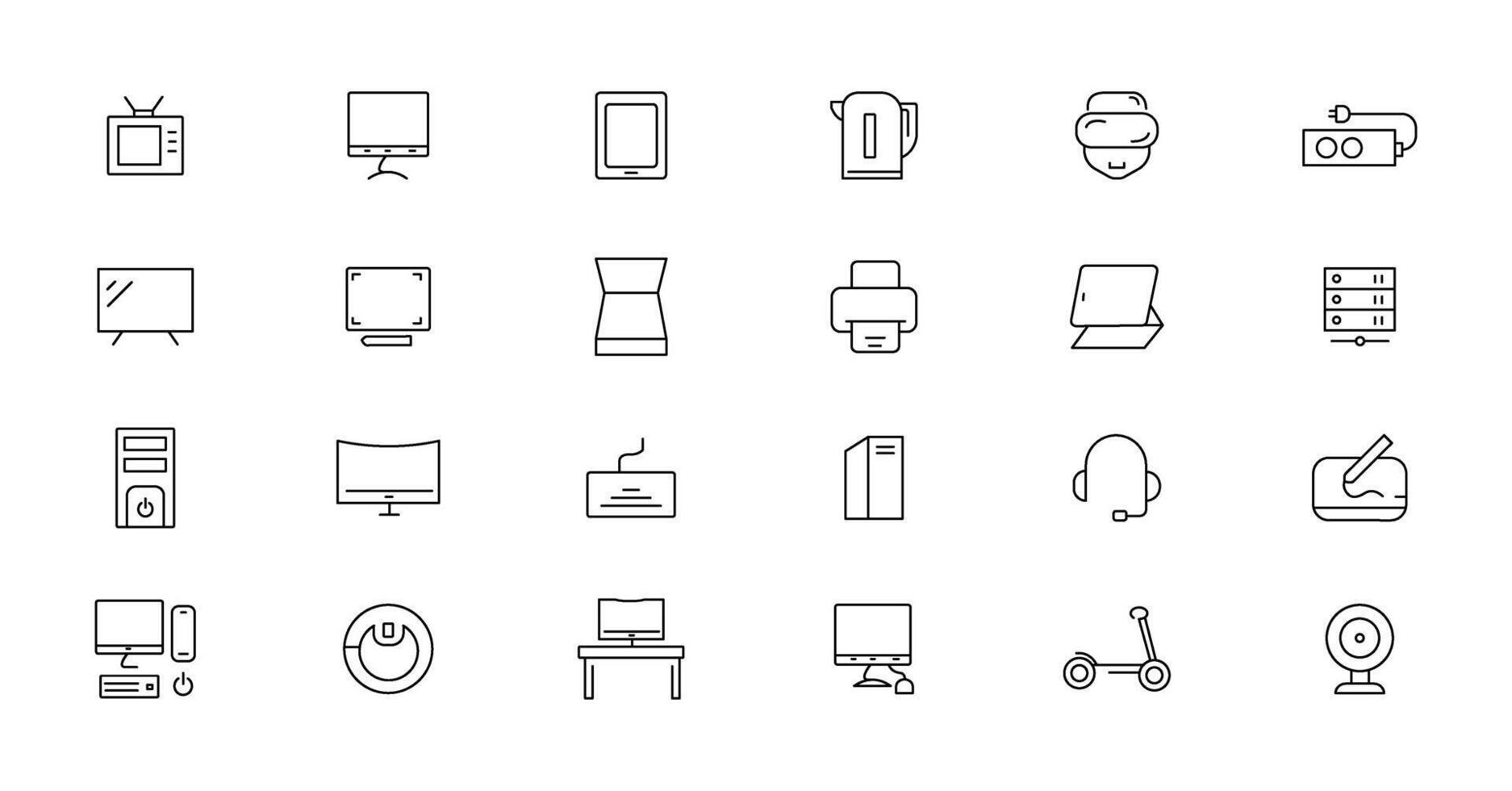 Device and technology line icon set. Electronic devices and gadgets, computer, equipment and electronics. Computer monitor, smartphone, tablet and laptop simple icon collections vector
