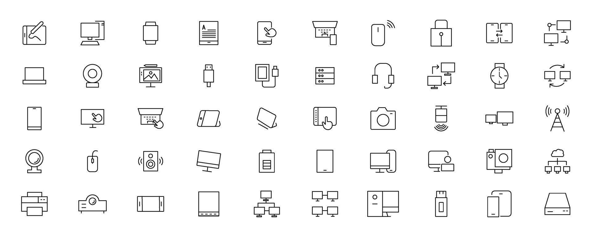 Device and technology line icon set. Electronic devices and gadgets, computer, equipment and electronics. Computer monitor, smartphone, tablet and laptop simple icon collections vector