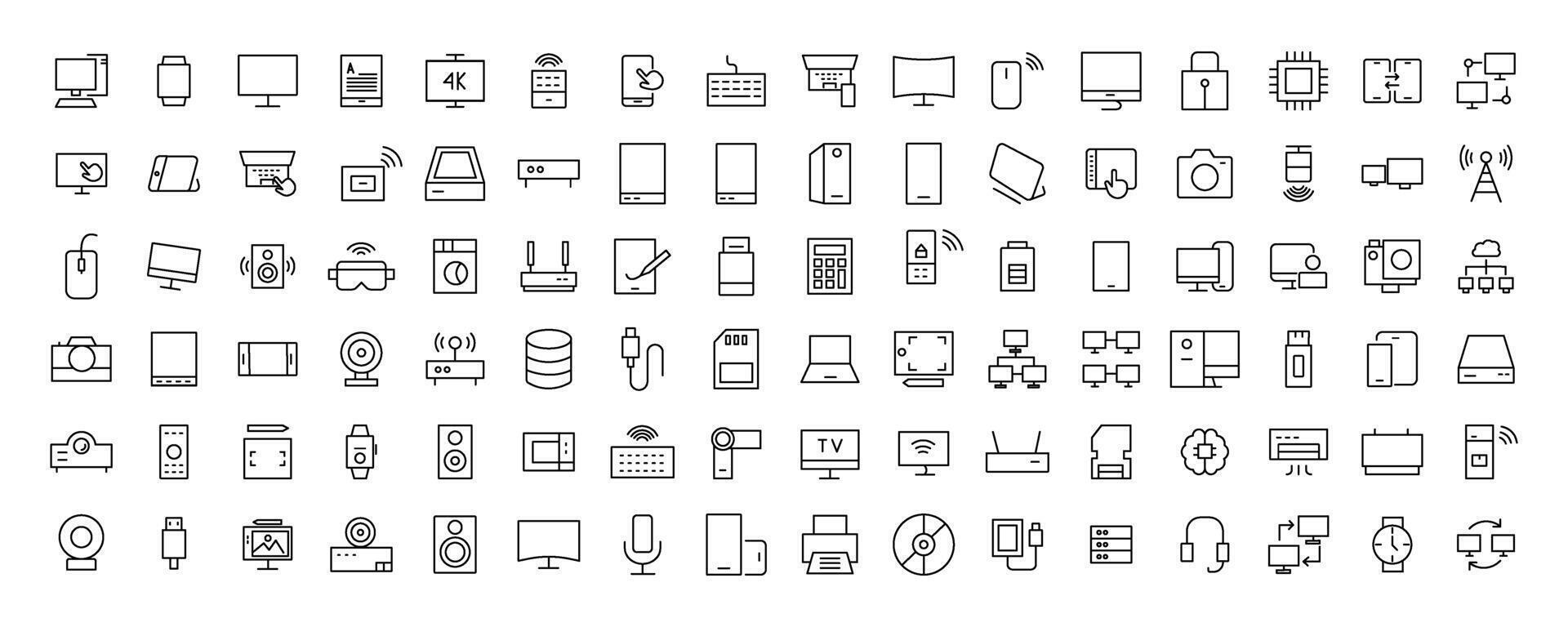 Device and technology line icon set. Electronic devices and gadgets, computer, equipment and electronics. Computer monitor, smartphone, tablet and laptop simple icon collections vector