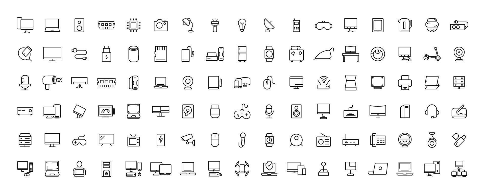 Device and technology line icon set. Electronic devices and gadgets, computer, equipment and electronics. Computer monitor, smartphone, tablet and laptop simple icon collections vector