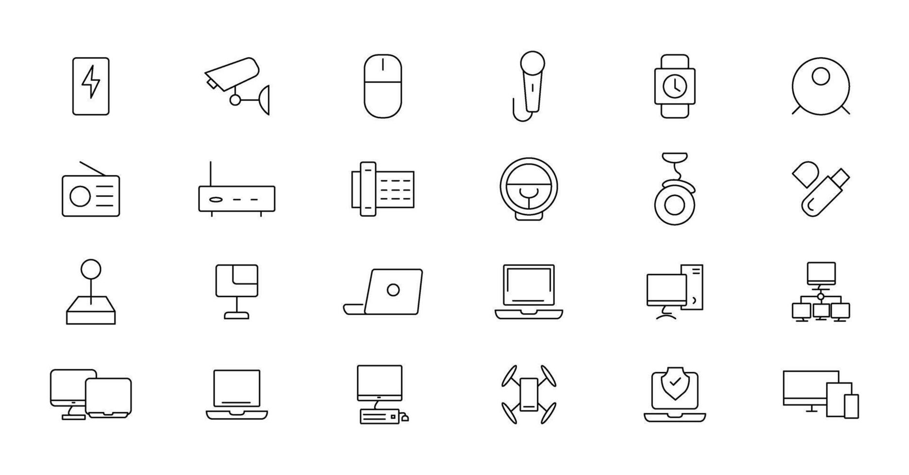 Device and technology line icon set. Electronic devices and gadgets, computer, equipment and electronics. Computer monitor, smartphone, tablet and laptop simple icon collections vector